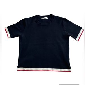 Zara Small Black Knit Top Short Sleeve Red & Off-white Stripes on Hem & Sleeve